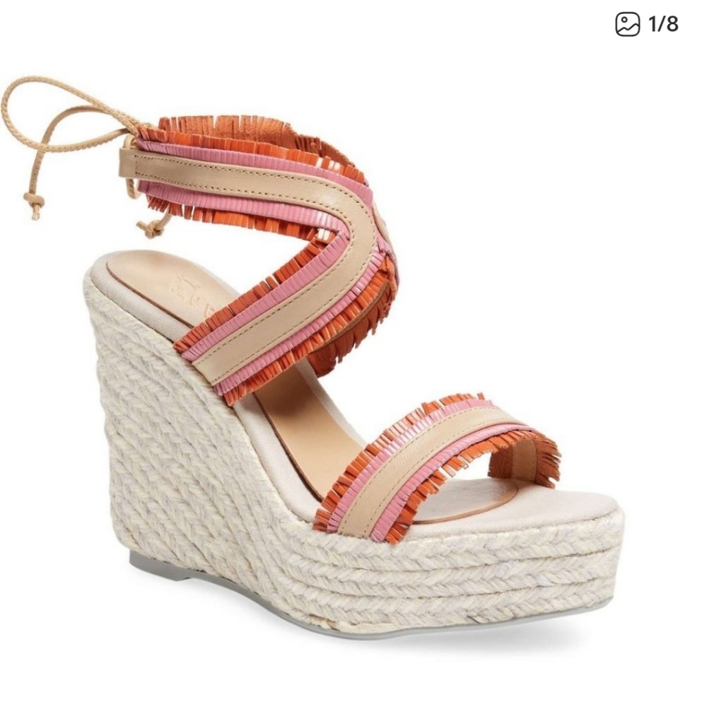 Manebi Platform Beige Taupe Colorful Espadrille Wedge Fringe Tie Sandals Sz 37/7